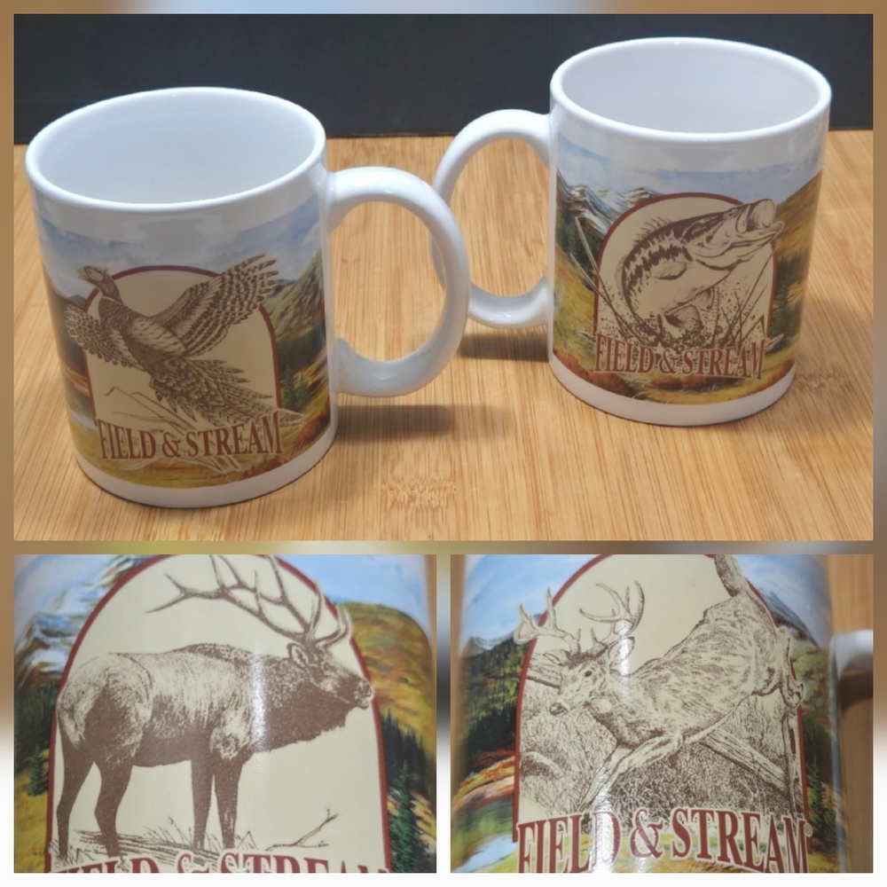 Set of 2 Field and Stream Wildlife Coffee Cups Pheasant Birds Bass Fish Elk Deer